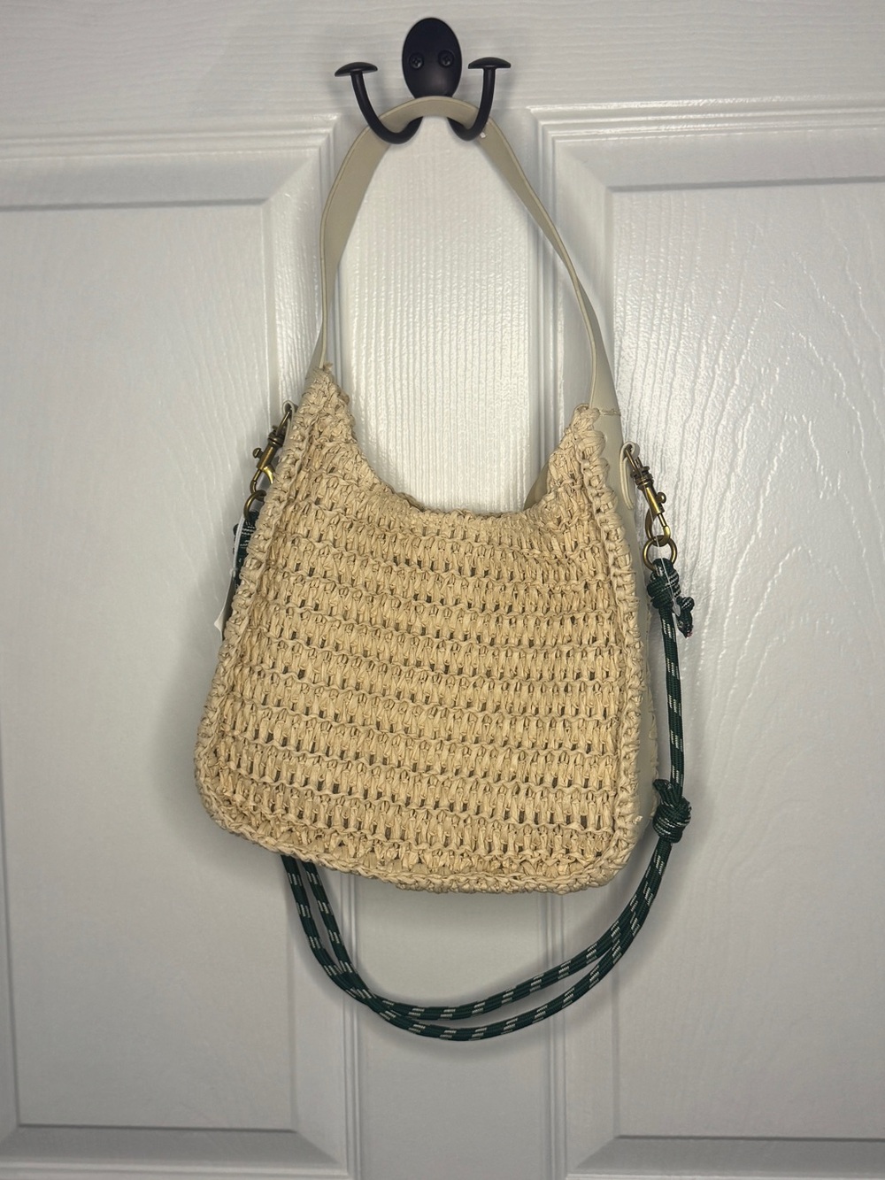 AE Woven Cream Shoulder Bag with Detachable Green Strap
